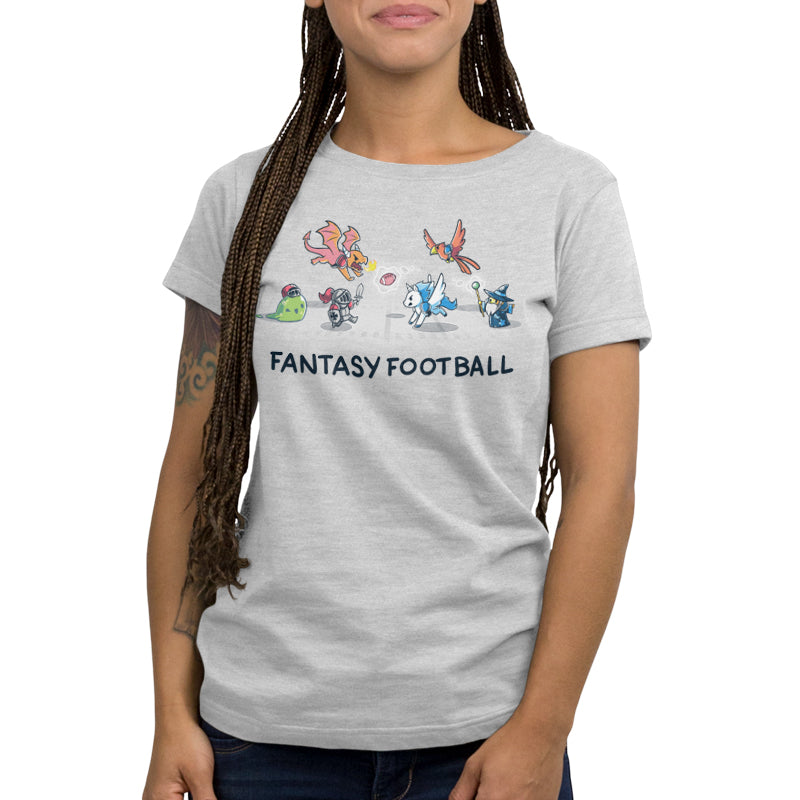 Premium Cotton T-shirt_TeeTurtle Fantasy Football Silver Gray t-shirt featuring an illustration of fantasy creatures, including a dragon, knight, unicorn, bird, and wizard, playing football with the text "Fantasy Football" below them. 