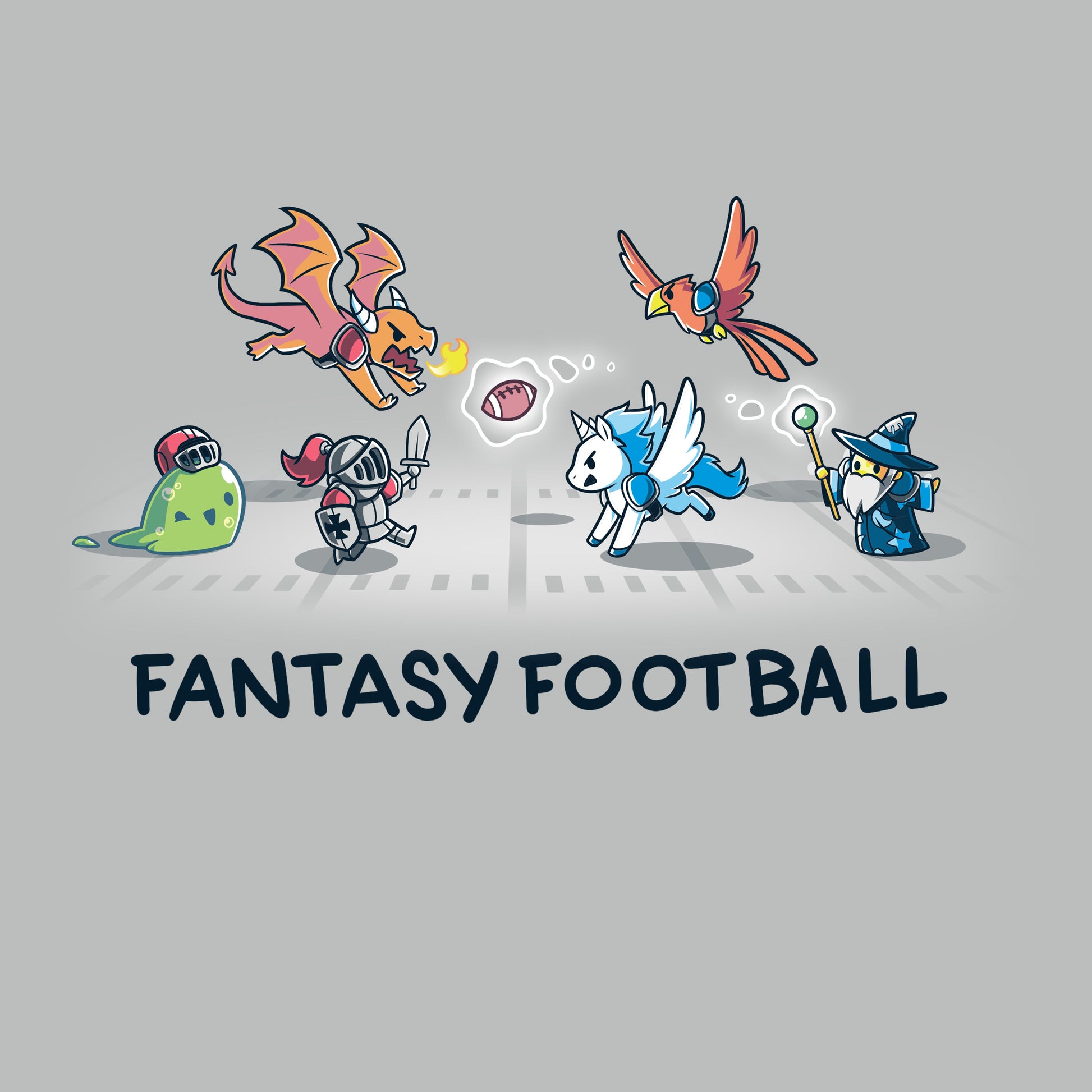 Premium Cotton T-shirt_TeeTurtle Fantasy Football Silver Gray t-shirt featuring an illustration of fantasy creatures, including a dragon, knight, unicorn, bird, and wizard, playing football with the text "Fantasy Football" below them. 