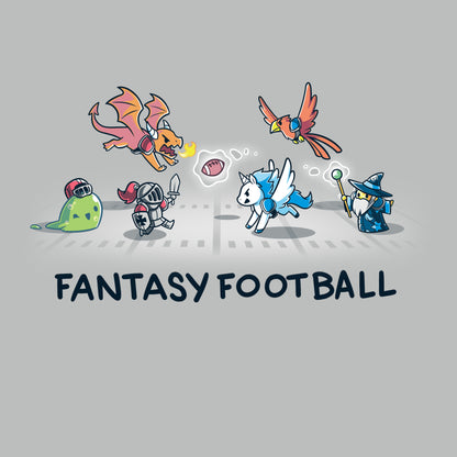 Premium Cotton T-shirt_TeeTurtle Fantasy Football Silver Gray t-shirt featuring an illustration of fantasy creatures, including a dragon, knight, unicorn, bird, and wizard, playing football with the text "Fantasy Football" below them. 