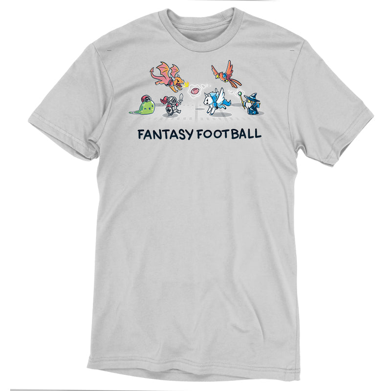 Premium Cotton T-shirt_TeeTurtle Fantasy Football Silver Gray t-shirt featuring an illustration of fantasy creatures, including a dragon, knight, unicorn, bird, and wizard, playing football with the text "Fantasy Football" below them. 