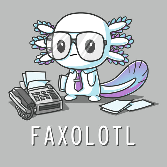 Premium Cotton T-shirt_TeeTurtle Faxolotl silver gray t-shirt featuring an office worker axolotl wearing glasses standing next to a fax machine with a pun underneath.
