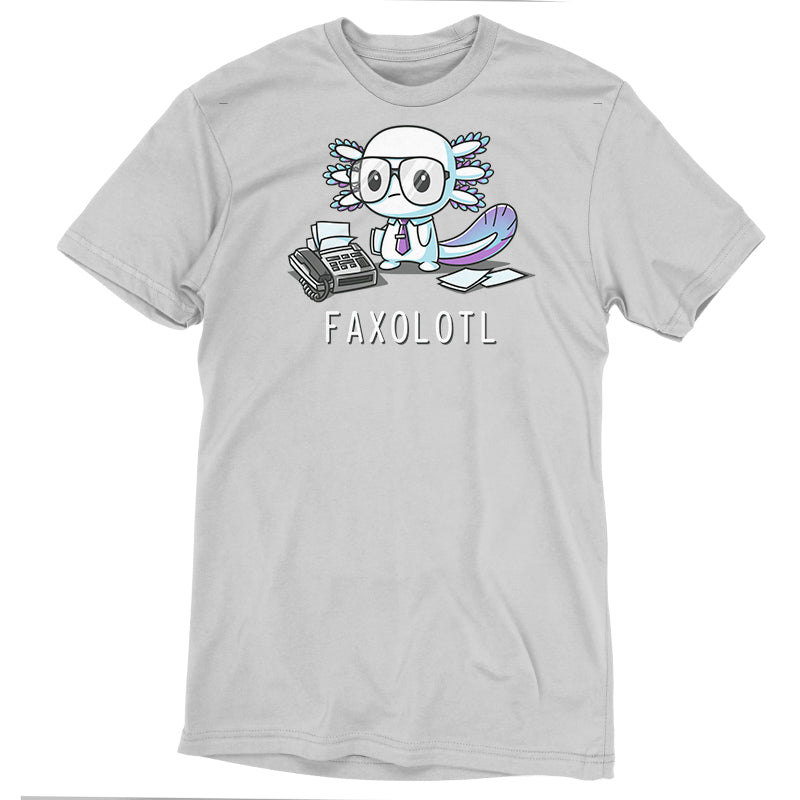 Premium Cotton T-shirt_TeeTurtle Faxolotl silver gray t-shirt featuring an office worker axolotl wearing glasses standing next to a fax machine with a pun underneath.
