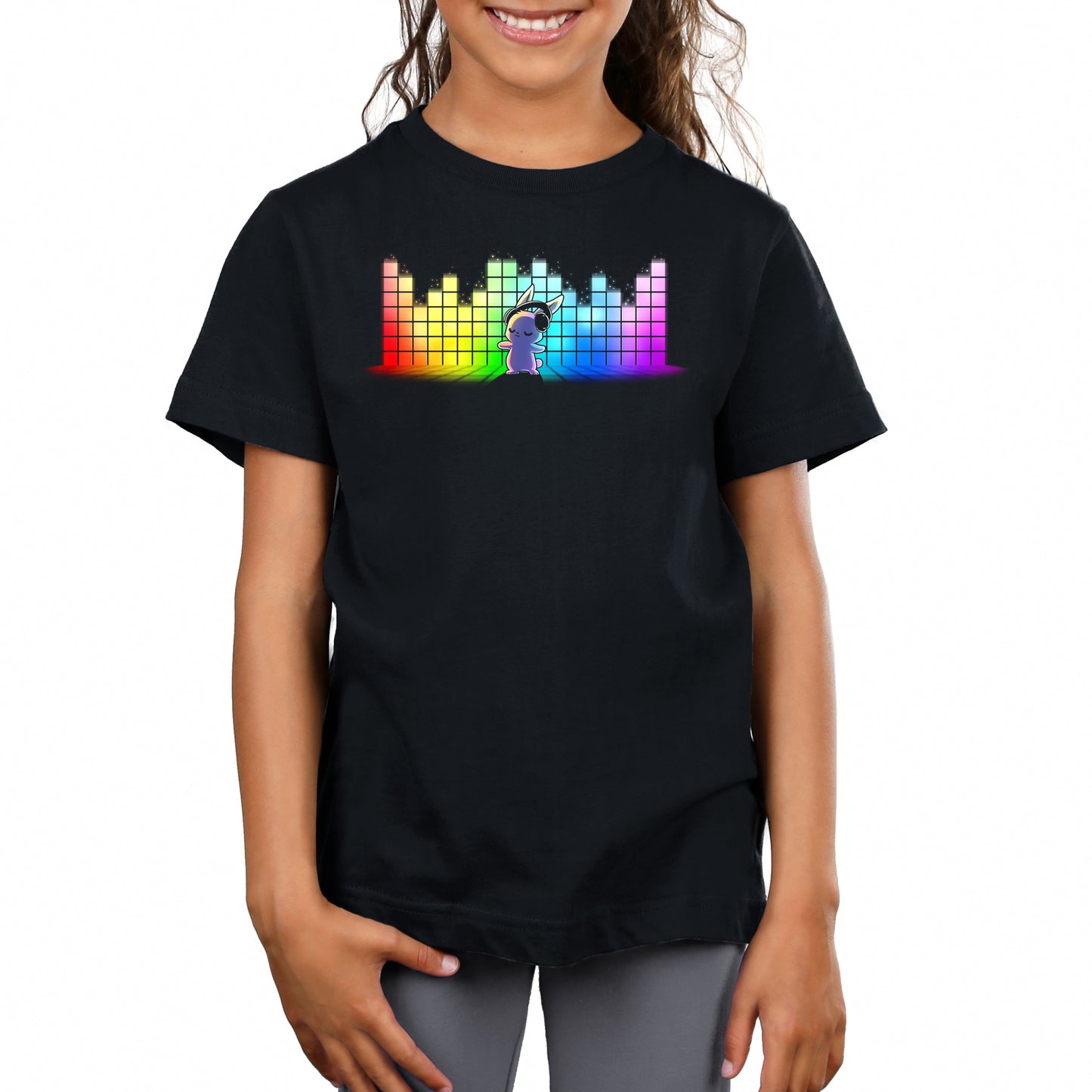 Premium Cotton T-shirt_TeeTurtle black Feel the Music featuring a bunny with a headset dancing with a rainbow equalizer bar in the background.