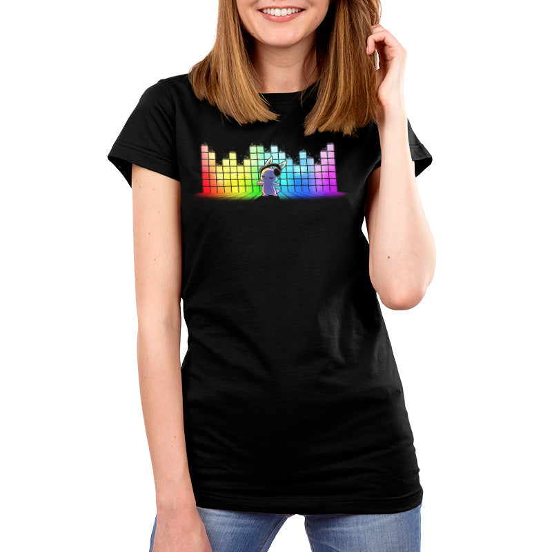 Premium Cotton T-shirt_TeeTurtle black Feel the Music featuring a bunny with a headset dancing with a rainbow equalizer bar in the background.