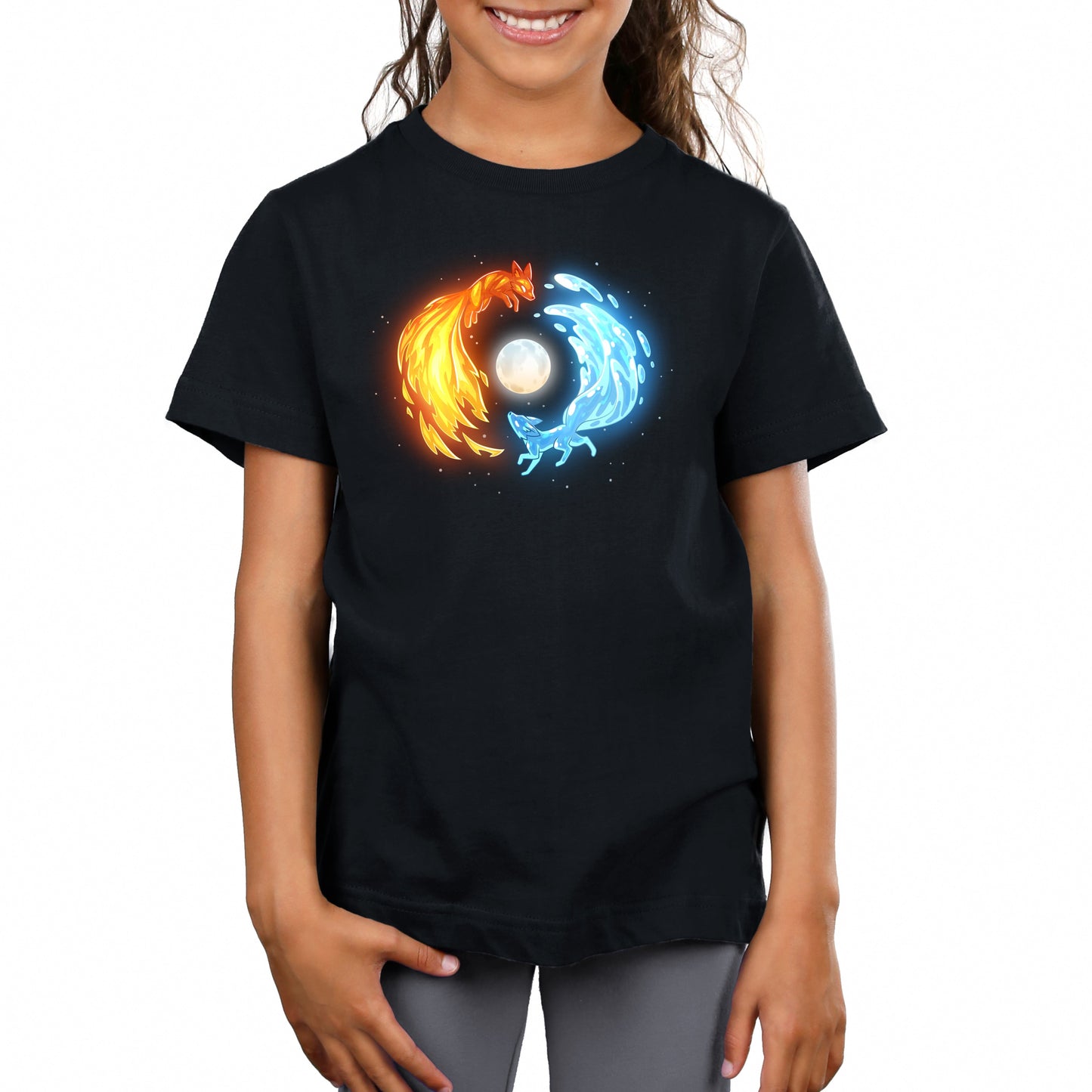 Premium Cotton T-shirt_TeeTurtle black Fire and Water Kitsune Premium Cotton T-shirt featuring fire and water kitsunes running in a circle around a full moon.