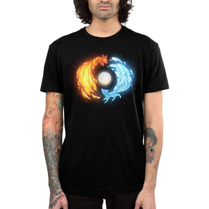 Premium Cotton T-shirt_TeeTurtle black Fire and Water Kitsune Premium Cotton T-shirt featuring fire and water kitsunes running in a circle around a full moon.