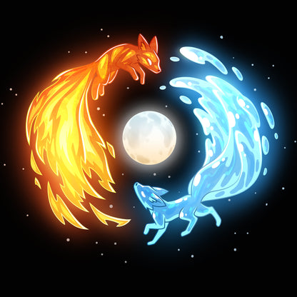 Premium Cotton T-shirt_TeeTurtle black Fire and Water Kitsune Premium Cotton T-shirt featuring fire and water kitsunes running in a circle around a full moon.