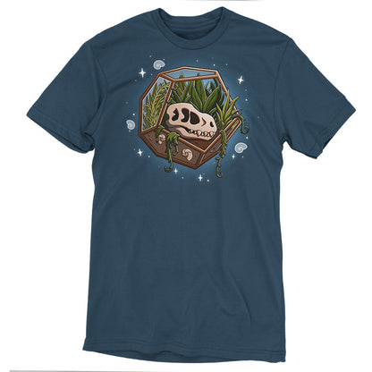 Premium Cotton T-shirt_TeeTurtle Flora Fossils denim t-shirt featuring an illustration of a skull in a hexagonal glass terrarium with various plants growing inside, surrounded by small stars and swirls.