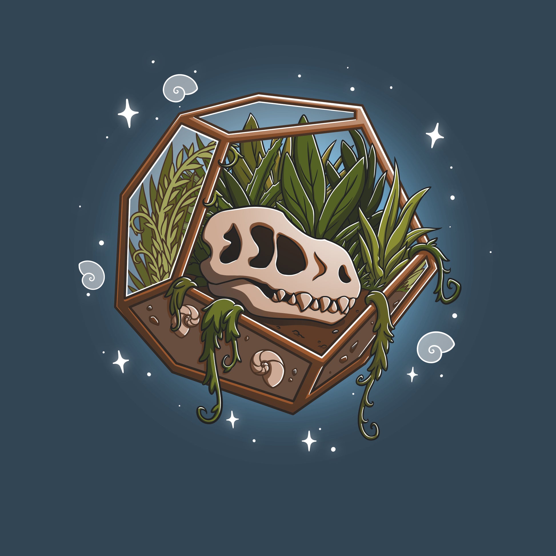 Premium Cotton T-shirt_TeeTurtle Flora Fossils denim t-shirt featuring an illustration of a skull in a hexagonal glass terrarium with various plants growing inside, surrounded by small stars and swirls.