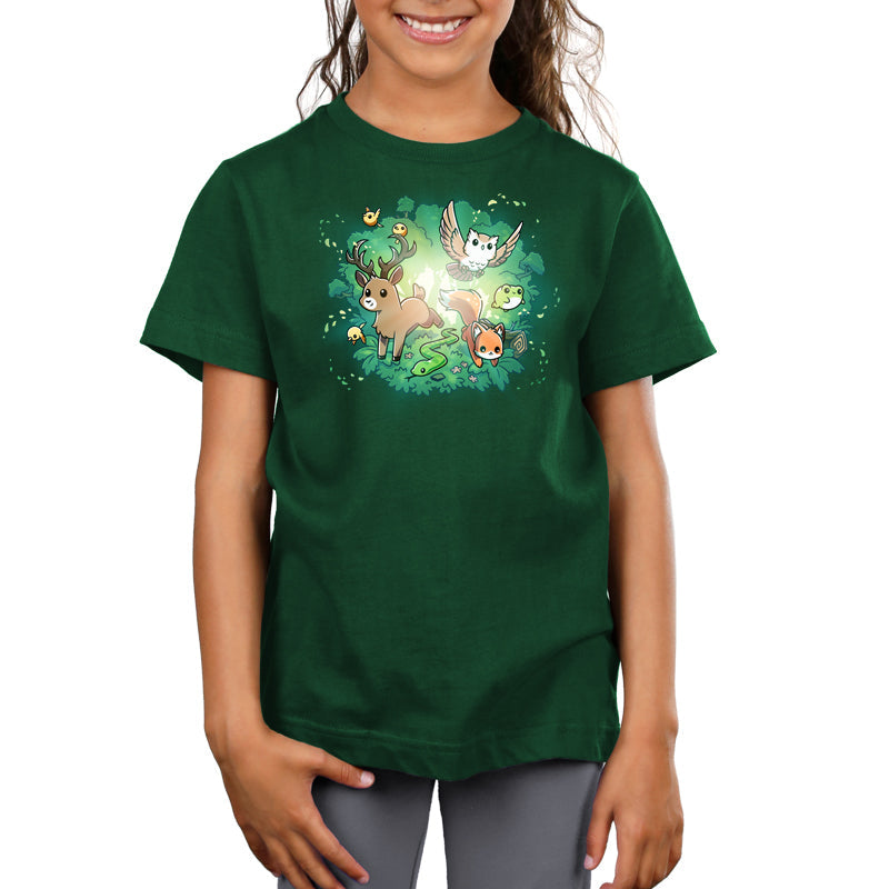 Premium Cotton T-shirt_TeeTurtle forest green Forest Harmony apparel featuring a fox, snake, owl, deer, frog, bird, and other forest animals emerging out of a forest in the background.