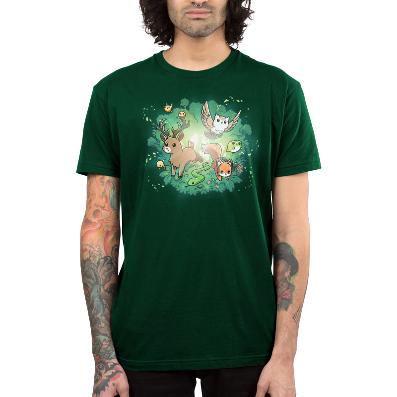 Premium Cotton T-shirt_TeeTurtle forest green Forest Harmony apparel featuring a fox, snake, owl, deer, frog, bird, and other forest animals emerging out of a forest in the background.