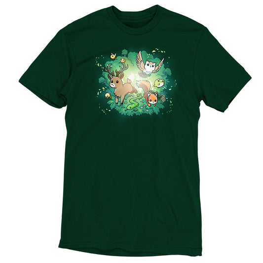 Premium Cotton T-shirt_TeeTurtle forest green Forest Harmony apparel featuring a fox, snake, owl, deer, frog, bird, and other forest animals emerging out of a forest in the background.