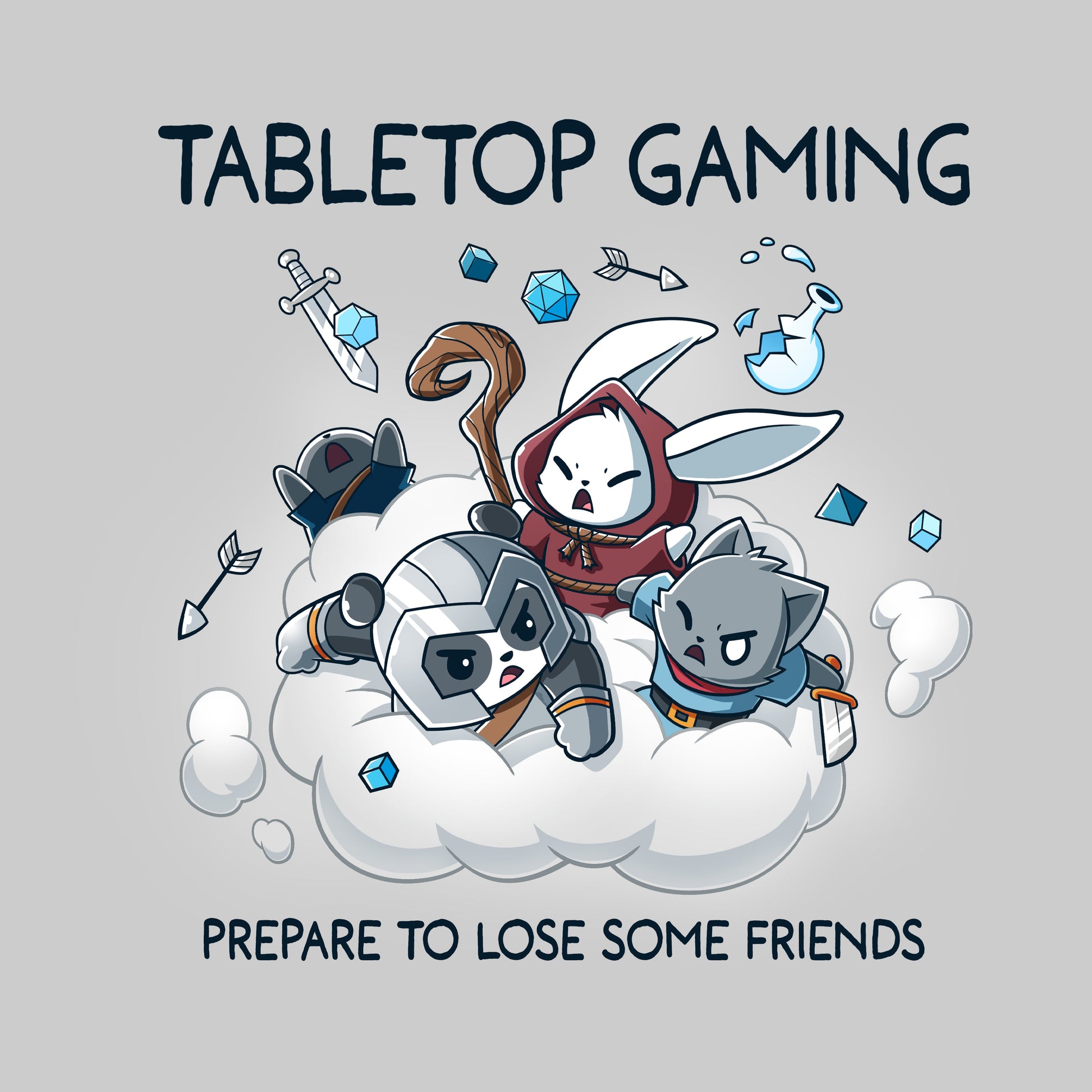 Premium Cotton T-shirt_TeeTurtle Friends or Foes silver gray t-shirt featuring a white bunny in a red hood, a panda wearing a gray helmet and a gray cat holding a sword engaging in a cloud brawl, surrounded by arrows, swords, crystals and a broken jar. Text above reads "TABLETOP GAMING" and below "PREPARE TO LOSE SOME FRIENDS." 