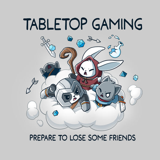 Premium Cotton T-shirt_TeeTurtle Friends or Foes silver gray t-shirt featuring a white bunny in a red hood, a panda wearing a gray helmet and a gray cat holding a sword engaging in a cloud brawl, surrounded by arrows, swords, crystals and a broken jar. Text above reads 