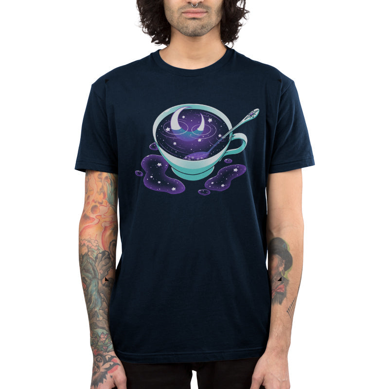 Premium Cotton T-shirt_TeeTurtle Galactic Tea navy blue t-shirt featuring a turquoise cup filled with swirling Galactic Tea.