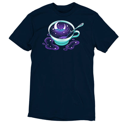 Premium Cotton T-shirt_TeeTurtle Galactic Tea navy blue t-shirt featuring a turquoise cup filled with swirling Galactic Tea.