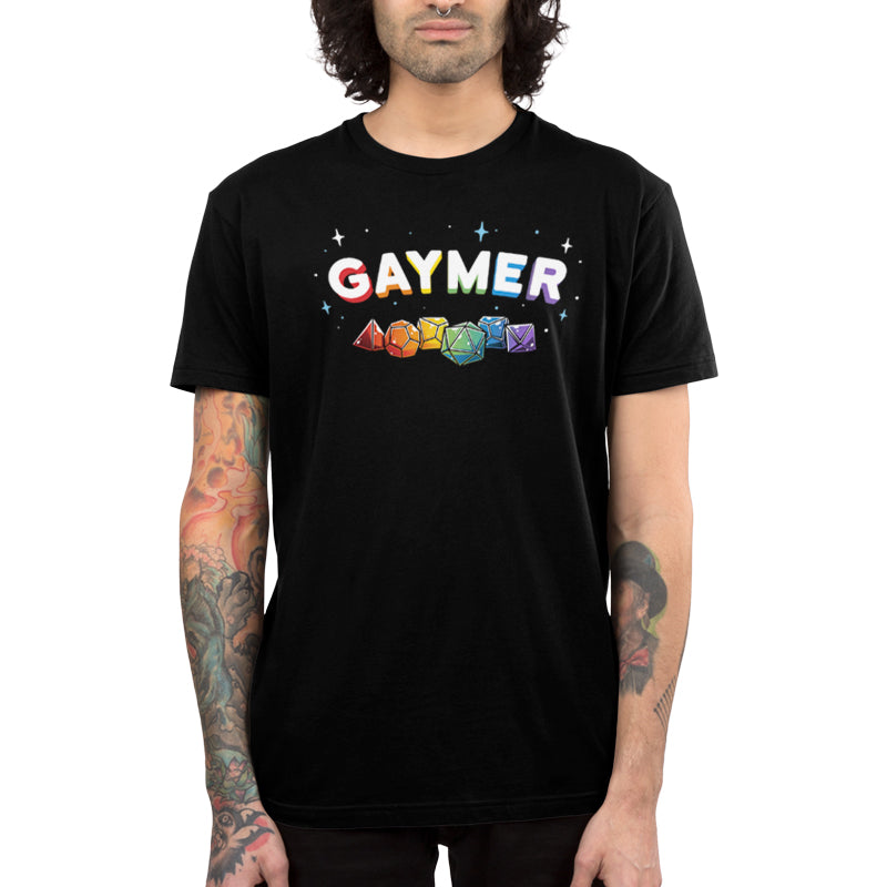 Premium Cotton T-shirt_TeeTurtle Gaymer (Tabletop Gaming) black t-shirt featuring tabletop gaming dice in the colors of the pride rainbow.