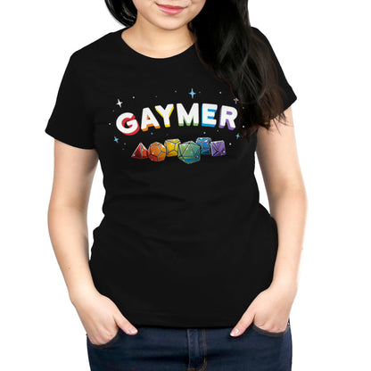 Premium Cotton T-shirt_TeeTurtle Gaymer (Tabletop Gaming) black t-shirt featuring tabletop gaming dice in the colors of the pride rainbow.