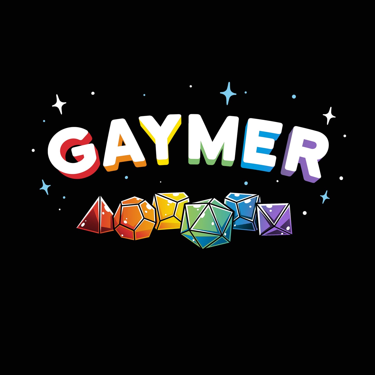 Premium Cotton T-shirt_TeeTurtle Gaymer (Tabletop Gaming) black t-shirt featuring tabletop gaming dice in the colors of the pride rainbow.