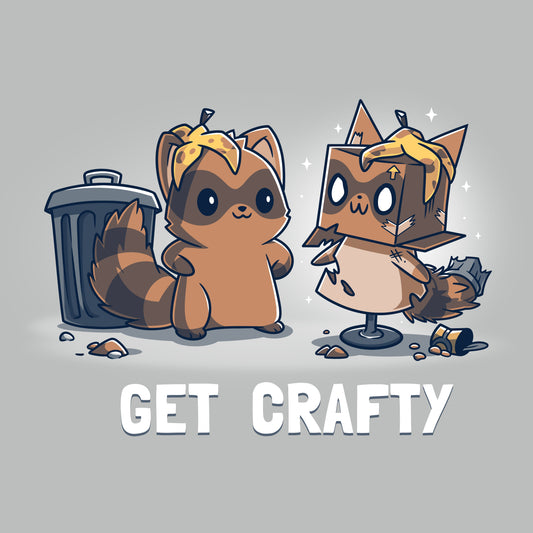 Premium Cotton T-shirt_TeeTurtle Crafty Raccoon silver gray t-shirt featuring a raccoon standing in front of a trash can looking pleased at a sculpture it created of itself out of trash with the words 