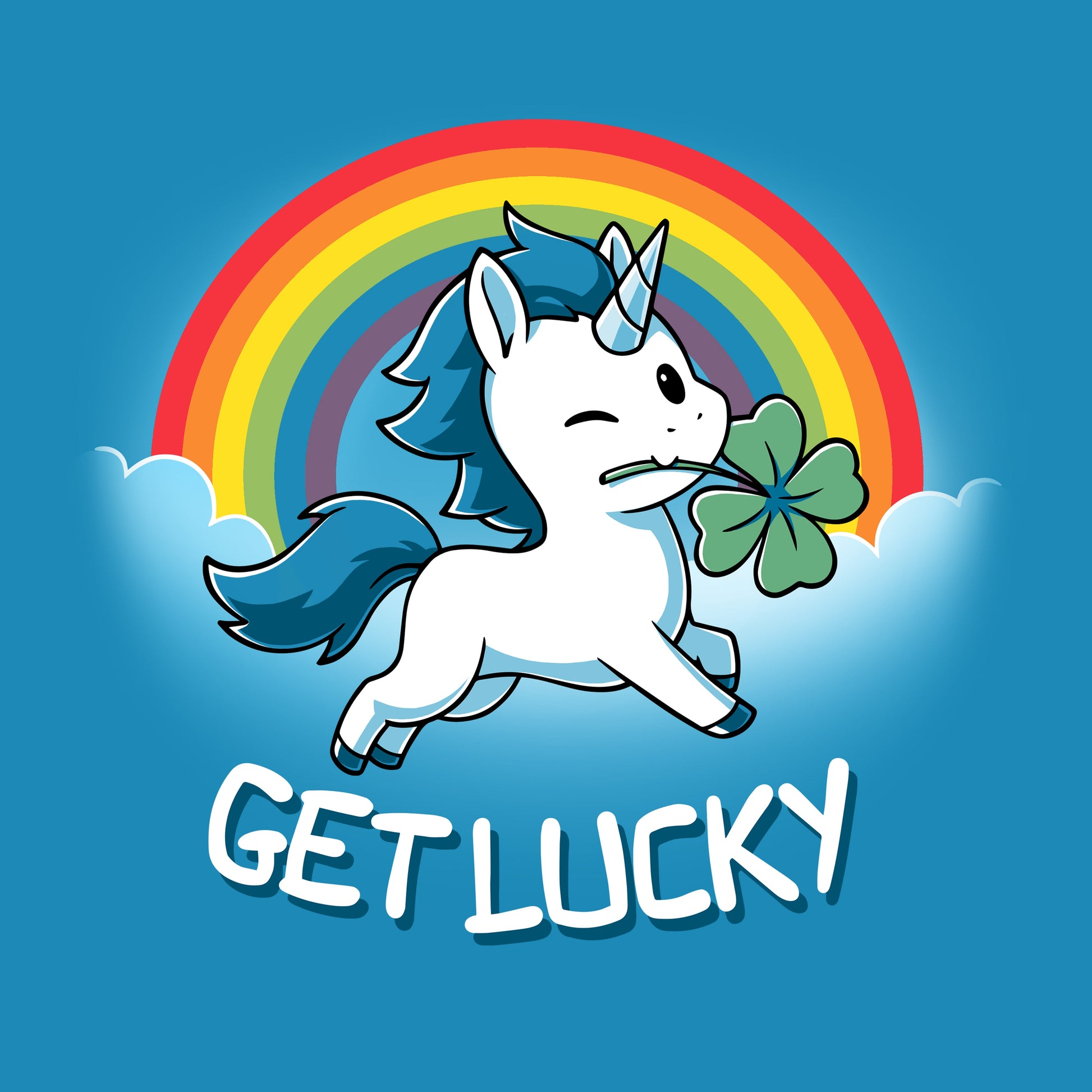 Premium Cotton T-shirt_Teeturtle Get Lucky cobalt blue t-shirt featuring a winking white unicorn holding a four-leaf clover while jumping through the clouds with a rainbow behind.
