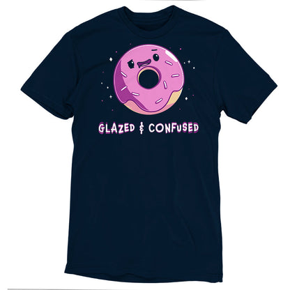 Premium Cotton T-shirt_TeeTurtle Glazed and Confused navy blue t-shirt featuring a pink frosted donut with a smiling face.