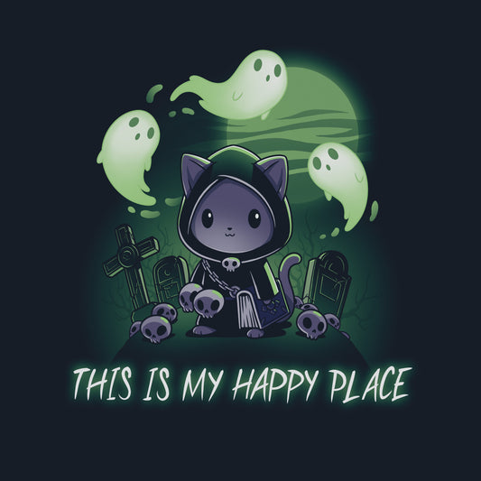 Premium Cotton T-shirt_TeeTurtle Graveyards are My Happy Place navy blue t-shirt featuring an illustration of a cat wearing a black, hooded cape and holding a book standing in a graveyard surrounded by skulls and tombs with ghosts floating above. 