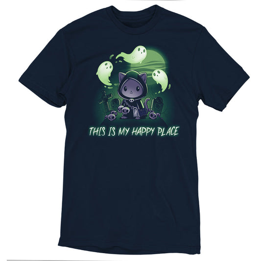 Premium Cotton T-shirt_TeeTurtle Graveyards are My Happy Place navy blue t-shirt featuring an illustration of a cat wearing a black, hooded cape and holding a book standing in a graveyard surrounded by skulls and tombs with ghosts floating above. 