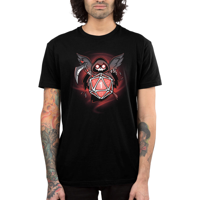 Premium Cotton T-shirt_TeeTurtle Grim Reaper's Roll black t-shirt featuring a hooded figure with wings and a scythe, holding a red 20-sided dice showing the number 1, surrounded by a dark, swirling background.