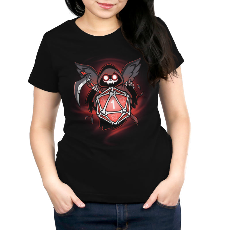 Premium Cotton T-shirt_TeeTurtle Grim Reaper's Roll black t-shirt featuring a hooded figure with wings and a scythe, holding a red 20-sided dice showing the number 1, surrounded by a dark, swirling background.