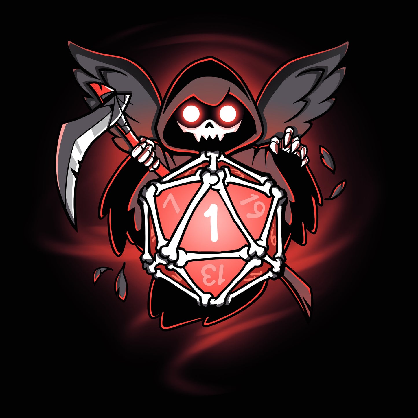 Premium Cotton T-shirt_TeeTurtle Grim Reaper's Roll black t-shirt featuring a hooded figure with wings and a scythe, holding a red 20-sided dice showing the number 1, surrounded by a dark, swirling background.