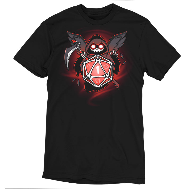 Premium Cotton T-shirt_TeeTurtle Grim Reaper's Roll black t-shirt featuring a hooded figure with wings and a scythe, holding a red 20-sided dice showing the number 1, surrounded by a dark, swirling background.