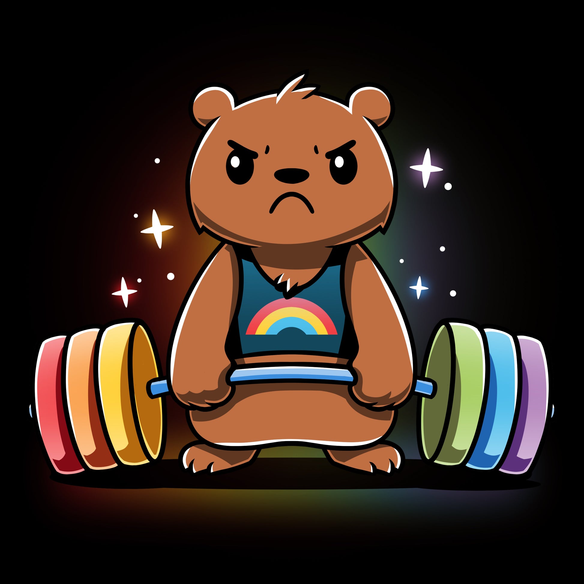 Premium Cotton T-shirt_TeeTurtle Gym Bear black t-shirt featuring a bear in a rainbow tank top lifting a colorful barbell against a dark background with star-like sparkles.