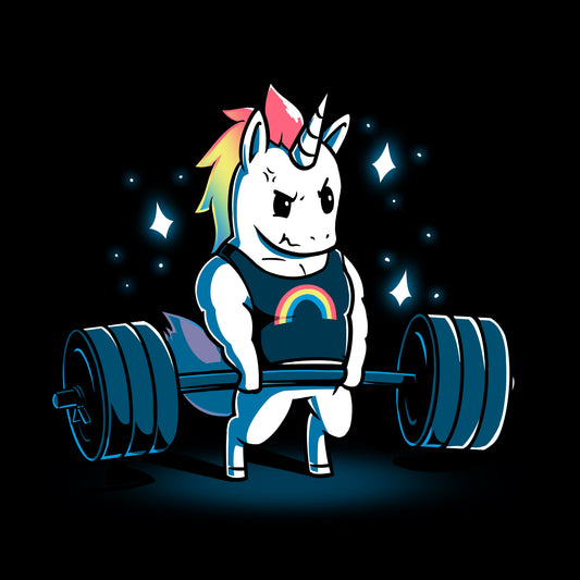 Premium Cotton T-shirt_TeeTurtle Gym Unicorn black t-shirt featuring an illustration of a white unicorn with rainbow hair wearing a black shirt with a rainbow on it lifting weights surrounded by stars. 