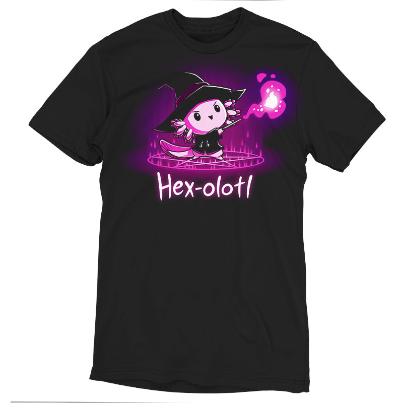 Premium Cotton T-shirt_TeeTurtle Hex-olotl black t-shirt featuring an illustration of a cartoon axolotl witch wearing a black witch's hat and black robe holding a wand and casting a spell with vibrant pink/purple magical energy emanating from the wand while standing on a pentagram with "Hex-olotl" written underneath. The colors within the design are a gradient of deep purple and magenta hues.