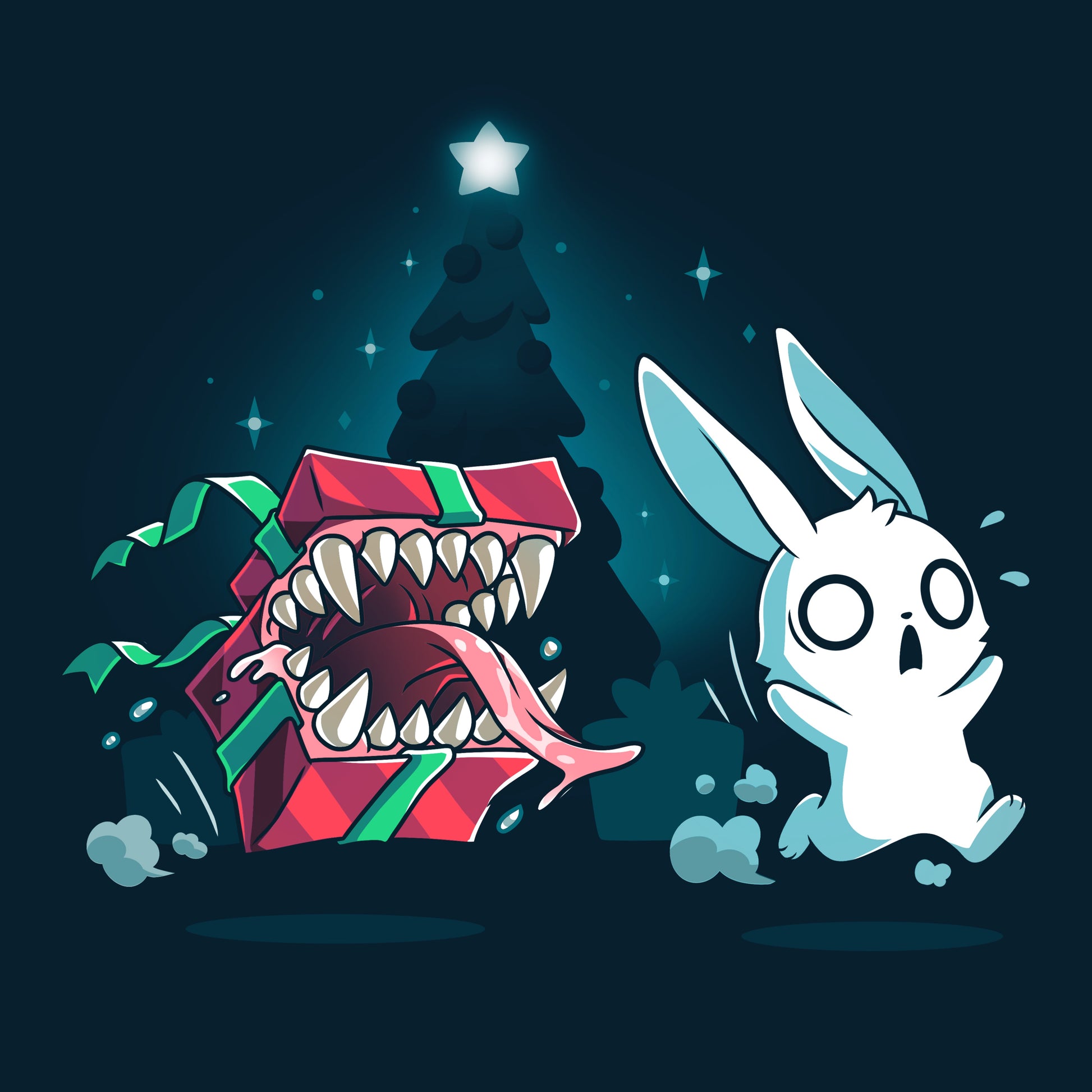 Premium Cotton T-shirt - featuring a panicked white bunny running from a christmas present with big teeth and its tongue sticking out