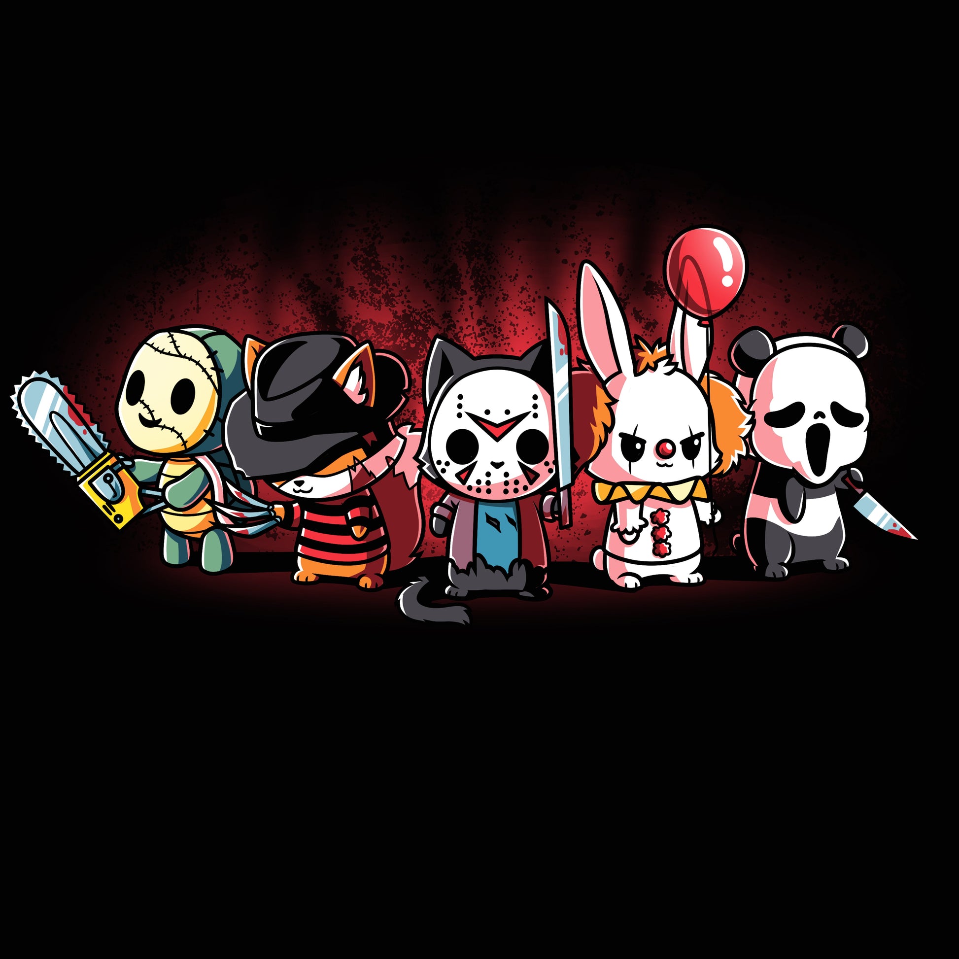 Premium Cotton T-shirt_TeeTurtle black Horror Crew. Featuring several animals dressed up as famous horror media characters.