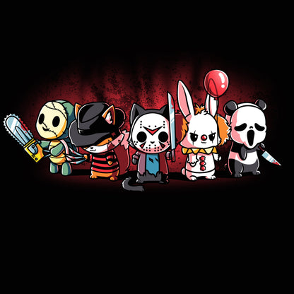 Premium Cotton T-shirt_TeeTurtle black Horror Crew. Featuring several animals dressed up as famous horror media characters.