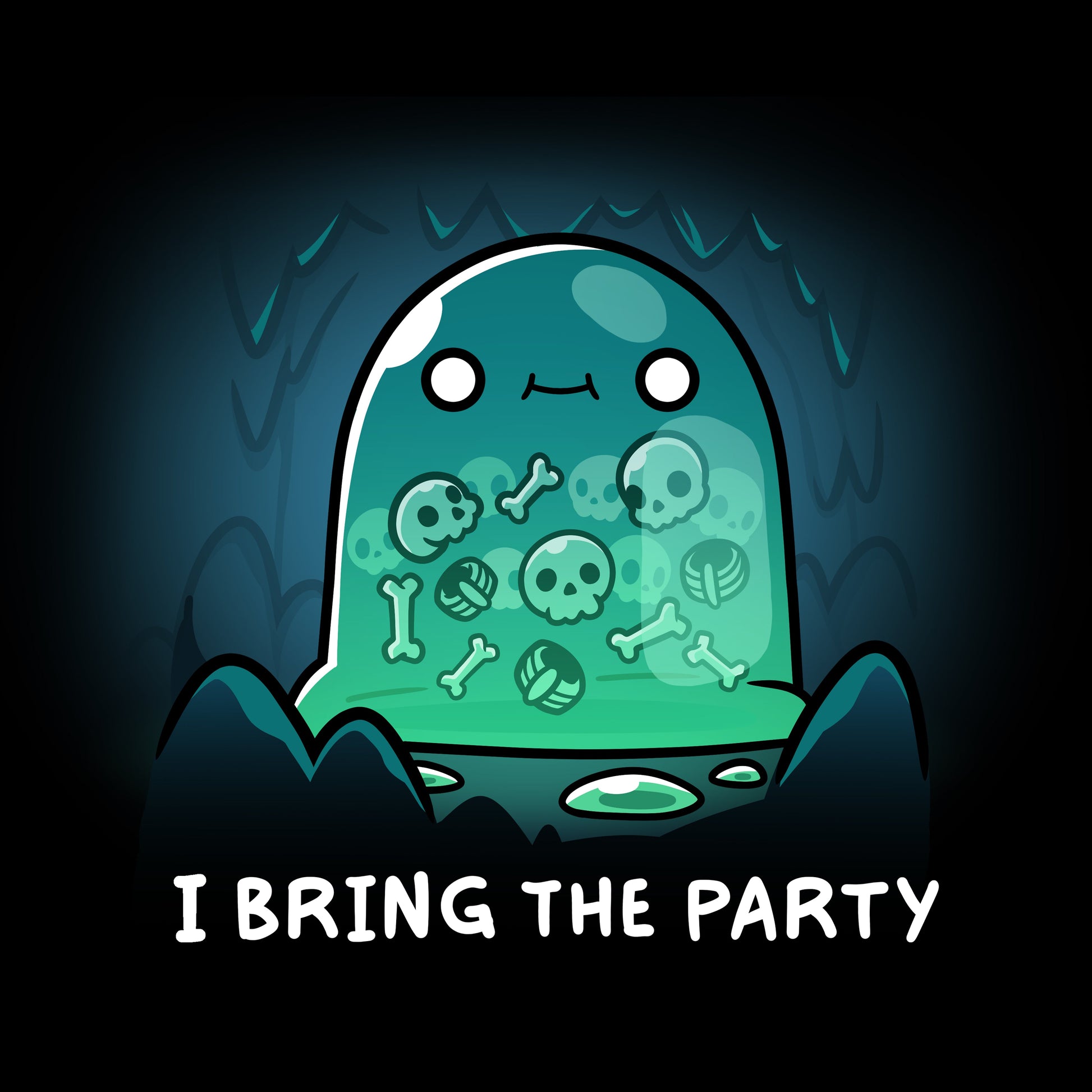 Premium Cotton T-shirt_TeeTurtle black I Bring the Party t-shirt featuring a giant slime monster with a small smile with multiple bones that can be seen in its transparent body inside a cave.