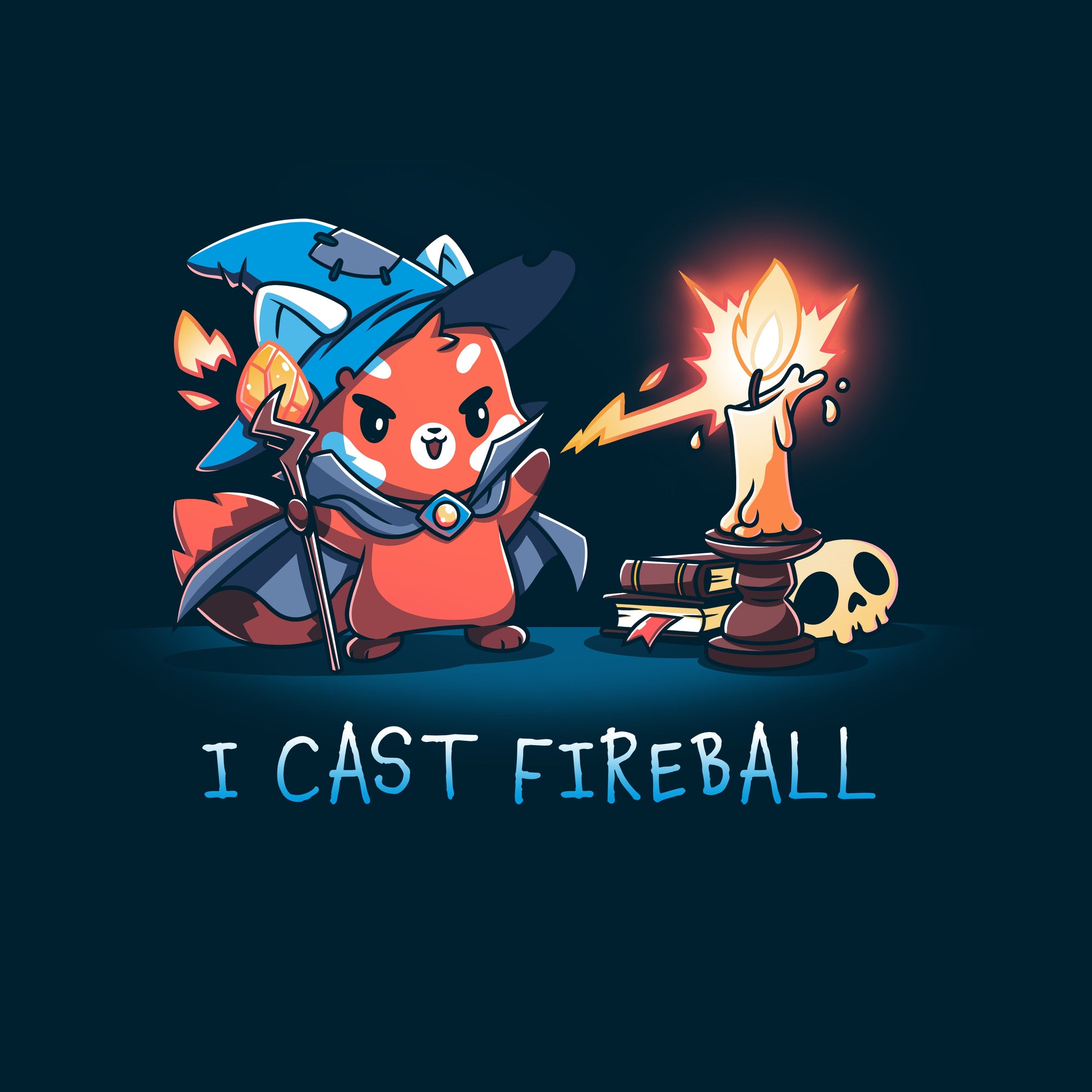 Premium Cotton T-shirt_TeeTurtle I Cast Fireball navy blue t-shirt featuring a fox in a tabletop game wizard outfit with a staff who casts a fireball spell towards a candle, with the text "I CAST FIREBALL" below. A stack of books and a skull are in the background. 