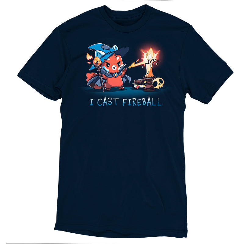 Premium Cotton T-shirt_TeeTurtle I Cast Fireball navy blue t-shirt featuring a fox in a tabletop game wizard outfit with a staff who casts a fireball spell towards a candle, with the text "I CAST FIREBALL" below. A stack of books and a skull are in the background. 