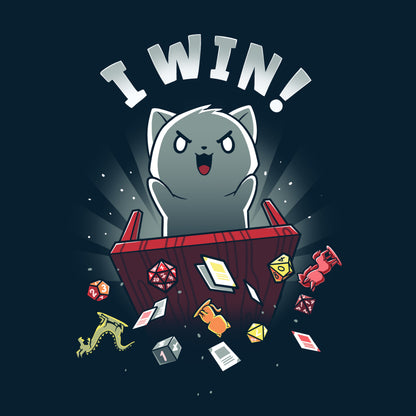 Premium Cotton T-shirt_Teeturtle I Win! navy blue t-shirt featuring a gray cat flipping a tabletop game table, sending cards, tabletop figures and dice flying with the words "I Win!" above its head.