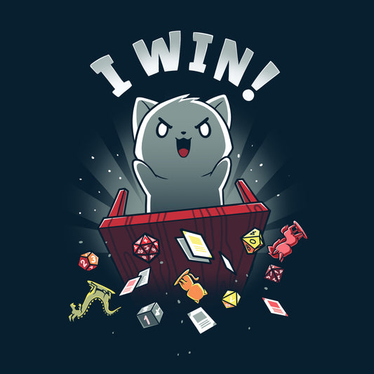 Premium Cotton T-shirt_Teeturtle I Win! navy blue t-shirt featuring a gray cat flipping a tabletop game table, sending cards, tabletop figures and dice flying with the words 