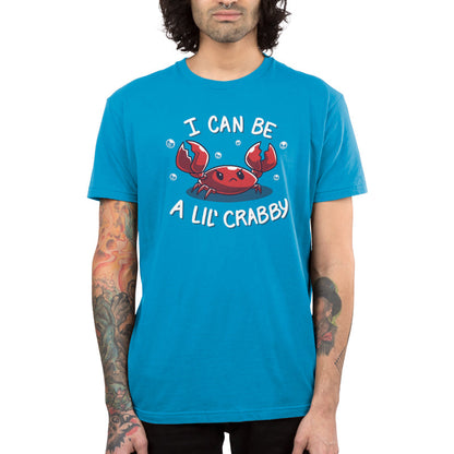 Premium Cotton T-shirt_Teeturtle I Can Be a Lil' Crabby cobalt blue t-shirt featuring a grumpy little cartoon crab with 'I can be a lil' crabby' written above and below the image.