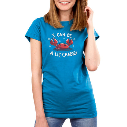 Premium Cotton T-shirt_Teeturtle I Can Be a Lil' Crabby cobalt blue t-shirt featuring a grumpy little cartoon crab with 'I can be a lil' crabby' written above and below the image.