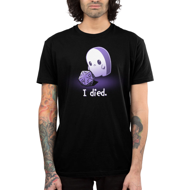 Premium Cotton T-shirt_TeeTurtle I Died. black t-shirt featuring a sad white ghost that rolled a D1 tabletop game dice with the text "I died." below.