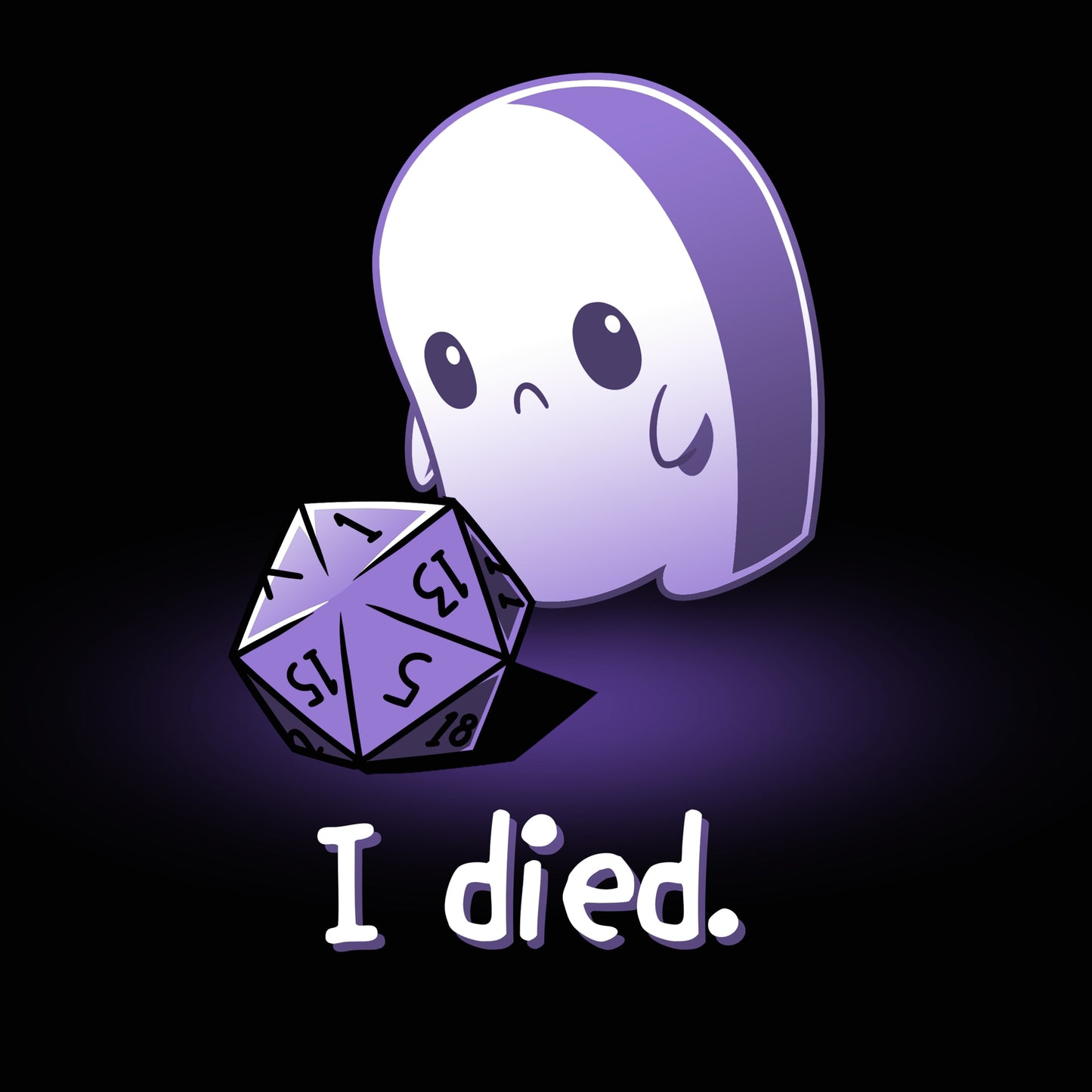 Premium Cotton T-shirt_TeeTurtle I Died. black t-shirt featuring a sad white ghost that rolled a D1 tabletop game dice with the text "I died." below.