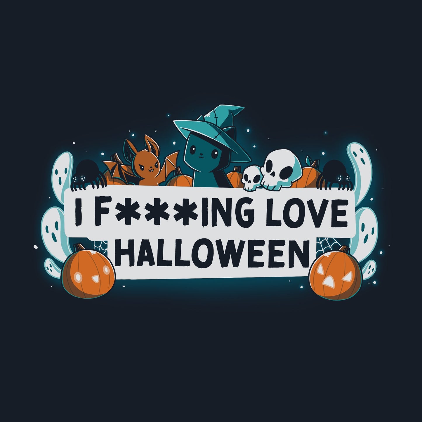 Premium Cotton T-shirt_TeeTurtle I F***ing Love Halloween navy blue t-shirt featuring the words "I F***ING LOVE HALLOWEEN" written in a black font on a white background surrounded by white ghosts, a black cat wearing a witch's hat, black spiders, pumpkins and jack-o-lanterns, white skulls and an evil bunny with bat wings.