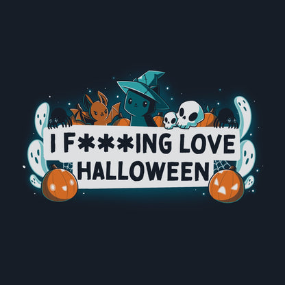 Premium Cotton T-shirt_TeeTurtle I F***ing Love Halloween navy blue t-shirt featuring the words "I F***ING LOVE HALLOWEEN" written in a black font on a white background surrounded by white ghosts, a black cat wearing a witch's hat, black spiders, pumpkins and jack-o-lanterns, white skulls and an evil bunny with bat wings.