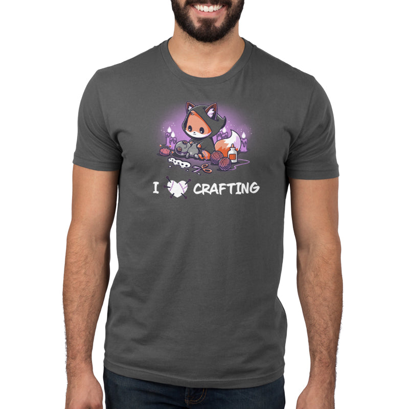 Premium Cotton T-shirt_TeeTurtle charcoal gray I <3 Crafting. Featuring a hooded fox crafting a voodoo doll.